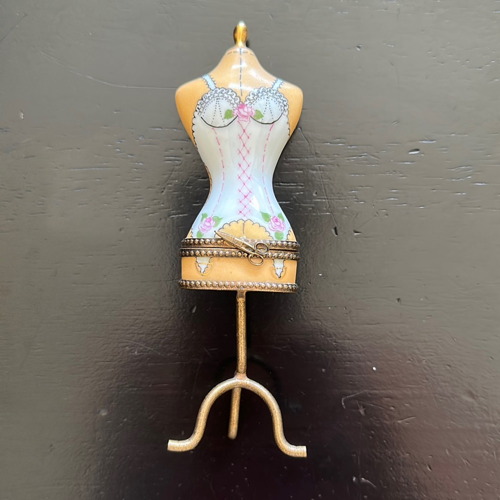 Hand painted Limoges box, sewing mannequin, purchased in France